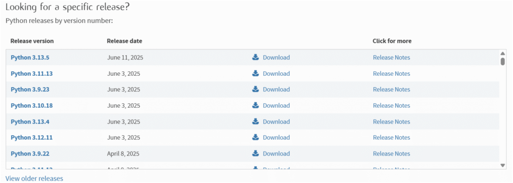 Download any previous version of Pyton